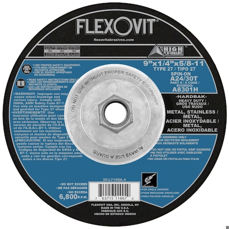 Flexovit HP Heavy Duty Depressed Center Wheel, 9 in Dia x 1/4 in THK, A24T Grit, Aluminum Oxide Abrasive A8301H